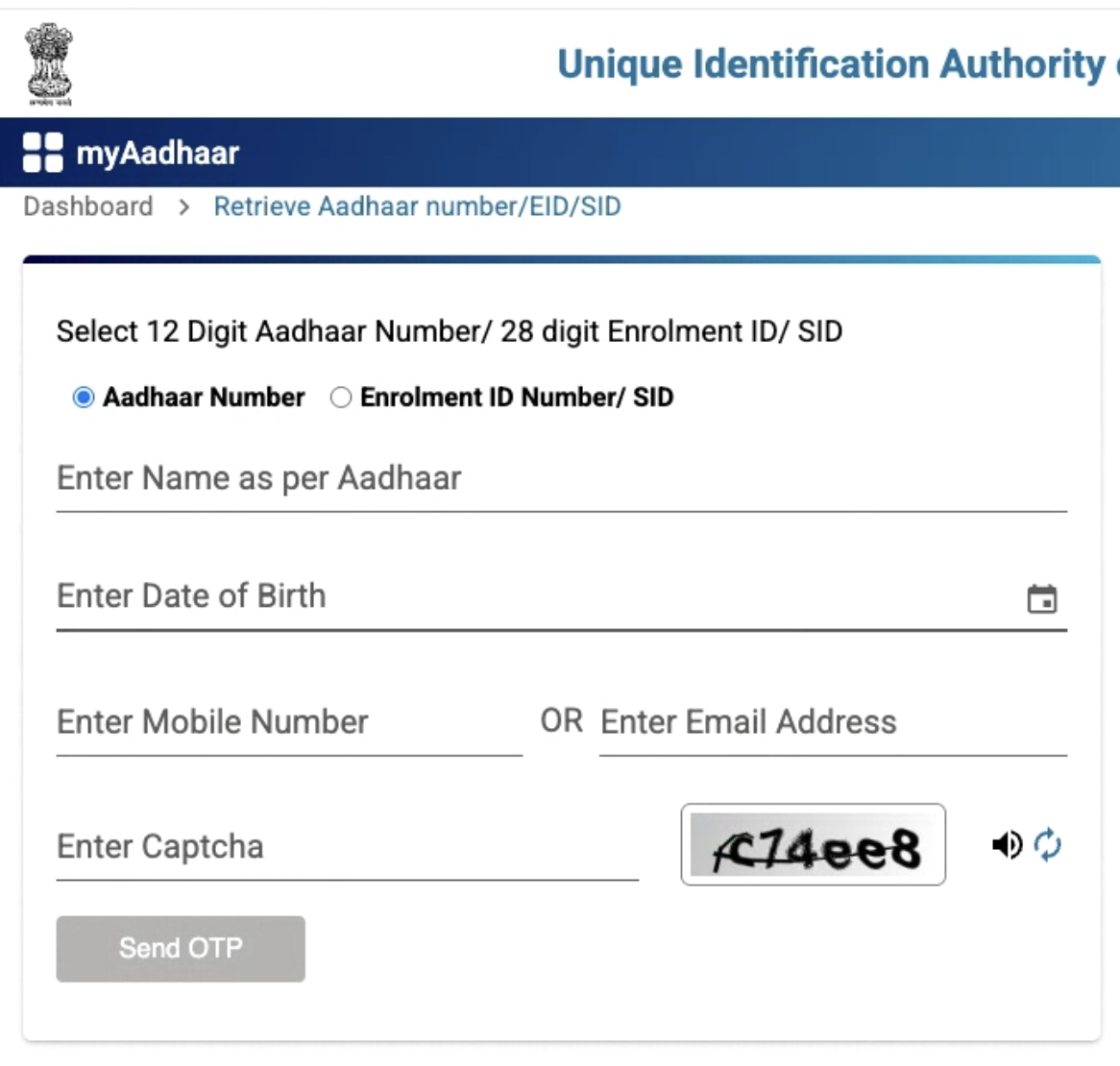 Retrieve Aadhaar or Enrolment ID (EID) Step 2